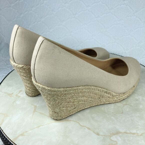 J. Crew Heels Women 9 Beige Canvas Comfort Summer Slip On Espadrille Wedge Pumps - Picture 9 of 14